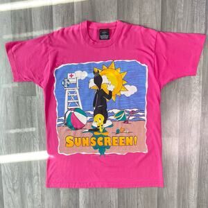 Vintage Tweety Bird Sylvester Cat Large Graphic Beach Sunscreen T-Shirt Pink XL